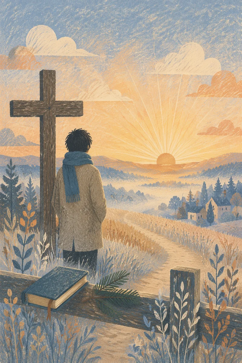New Year Sunrise Prayer by Wooden Cross