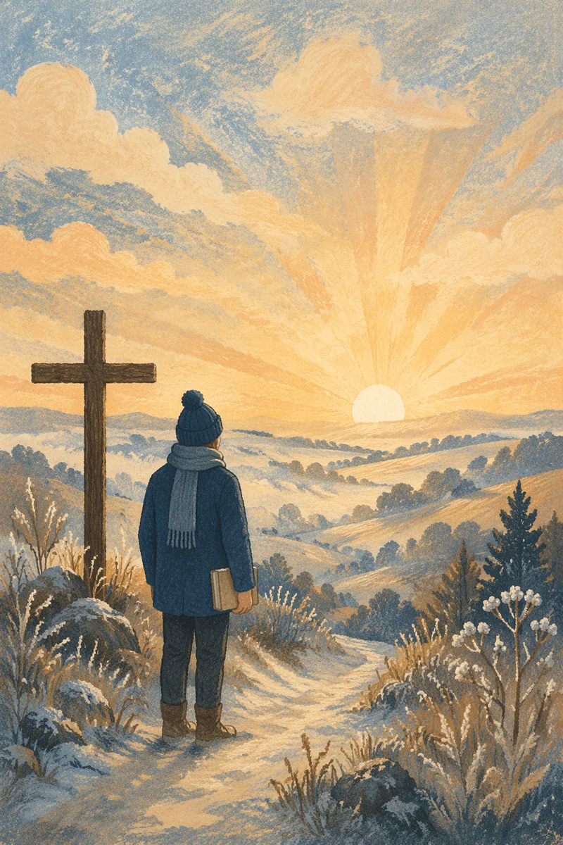New Year Sunrise Cross on Frosty Hillside