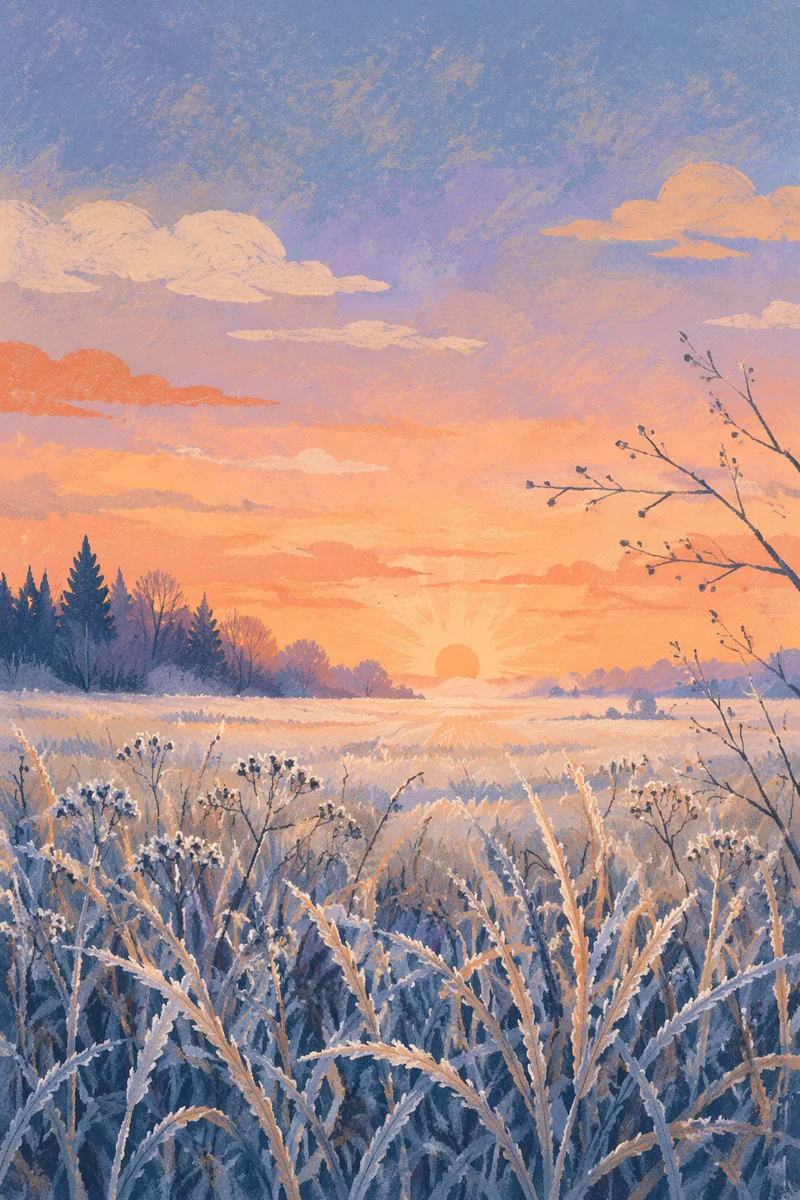 New Year Sunrise Over Frosted Winter Meadow