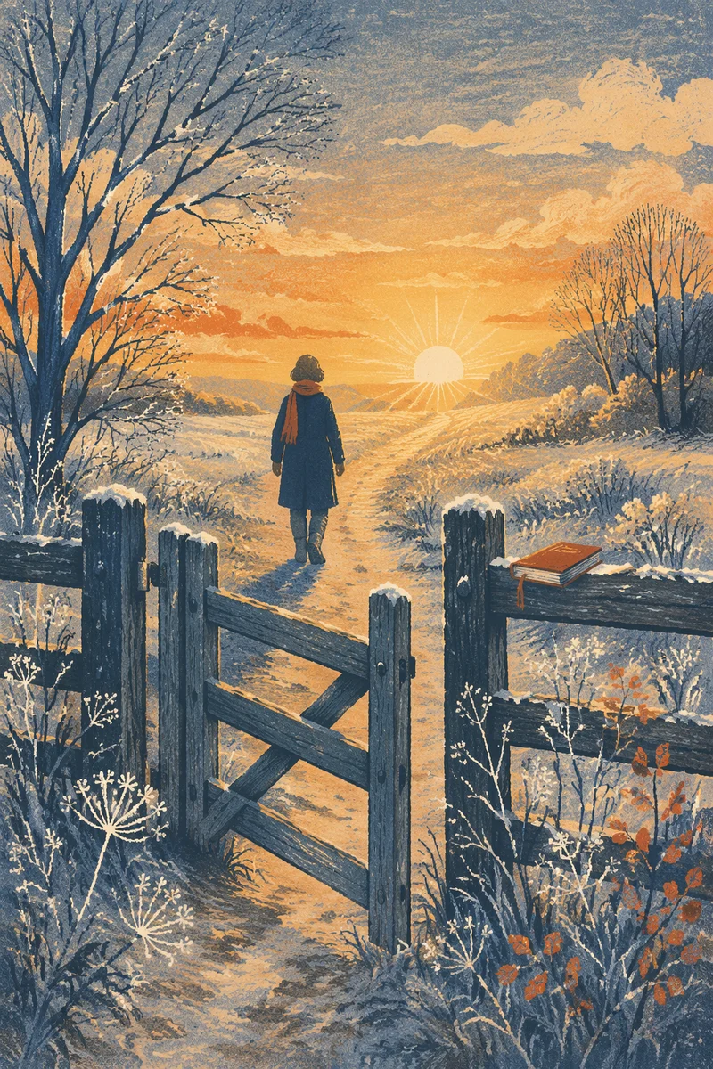 New Year Sunrise Through Frosted Countryside Gate