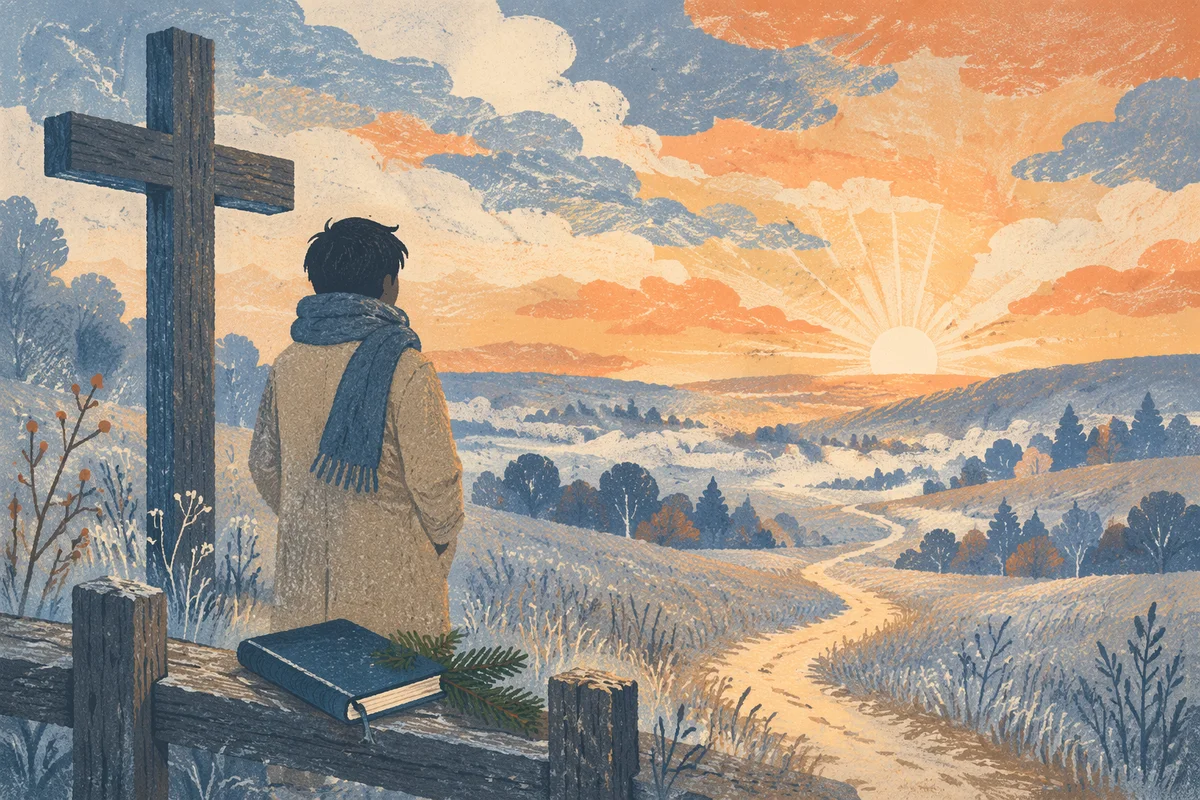 New Year Sunrise Prayer Beside Wooden Cross