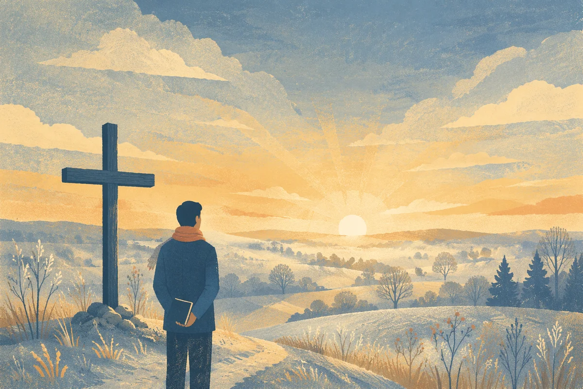 New Year Sunrise Prayer by Wooden Cross
