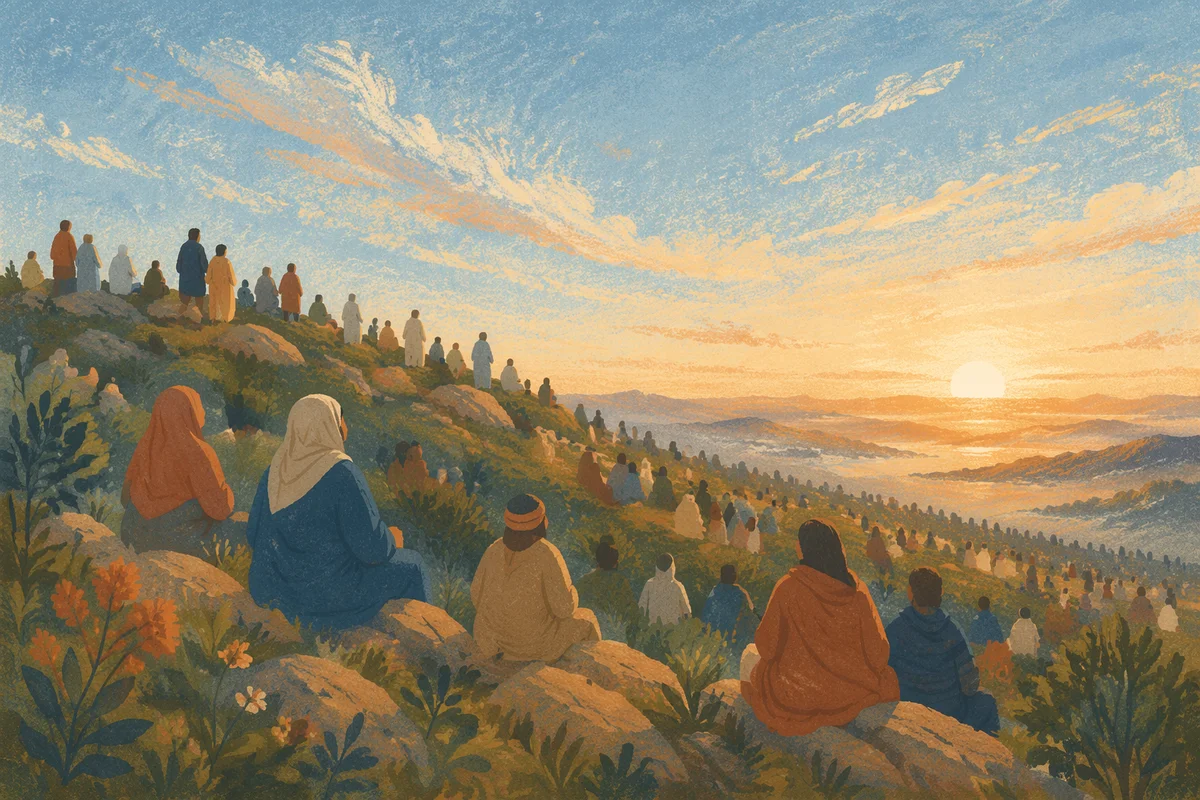 New Year Sunrise Gathering on Green Hillside
