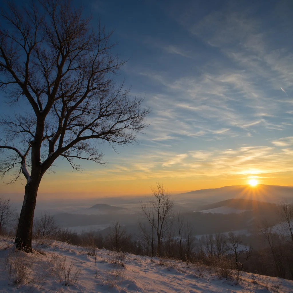 New Year Sunrise Over Misty Winter Hills
