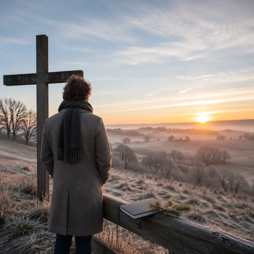New Year Sunrise Prayer by Wooden Cross