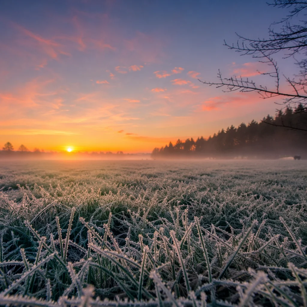 New Year Sunrise Over Frosted Winter Meadow