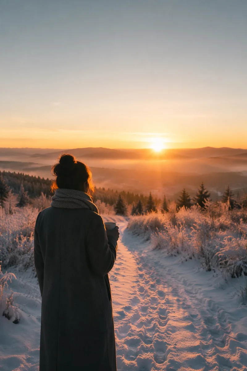New Year Sunrise Over Snowy Meadow Path