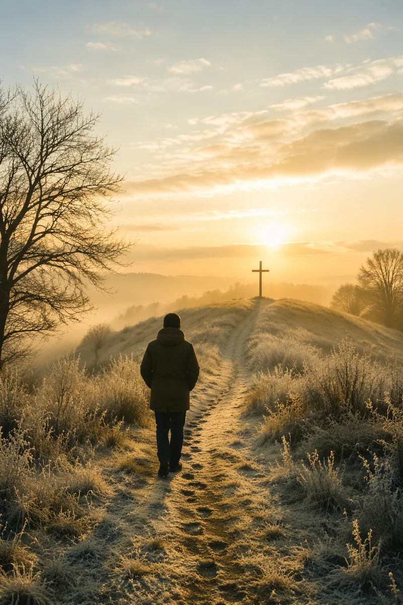 New Year Sunrise Prayer on Frosty Path