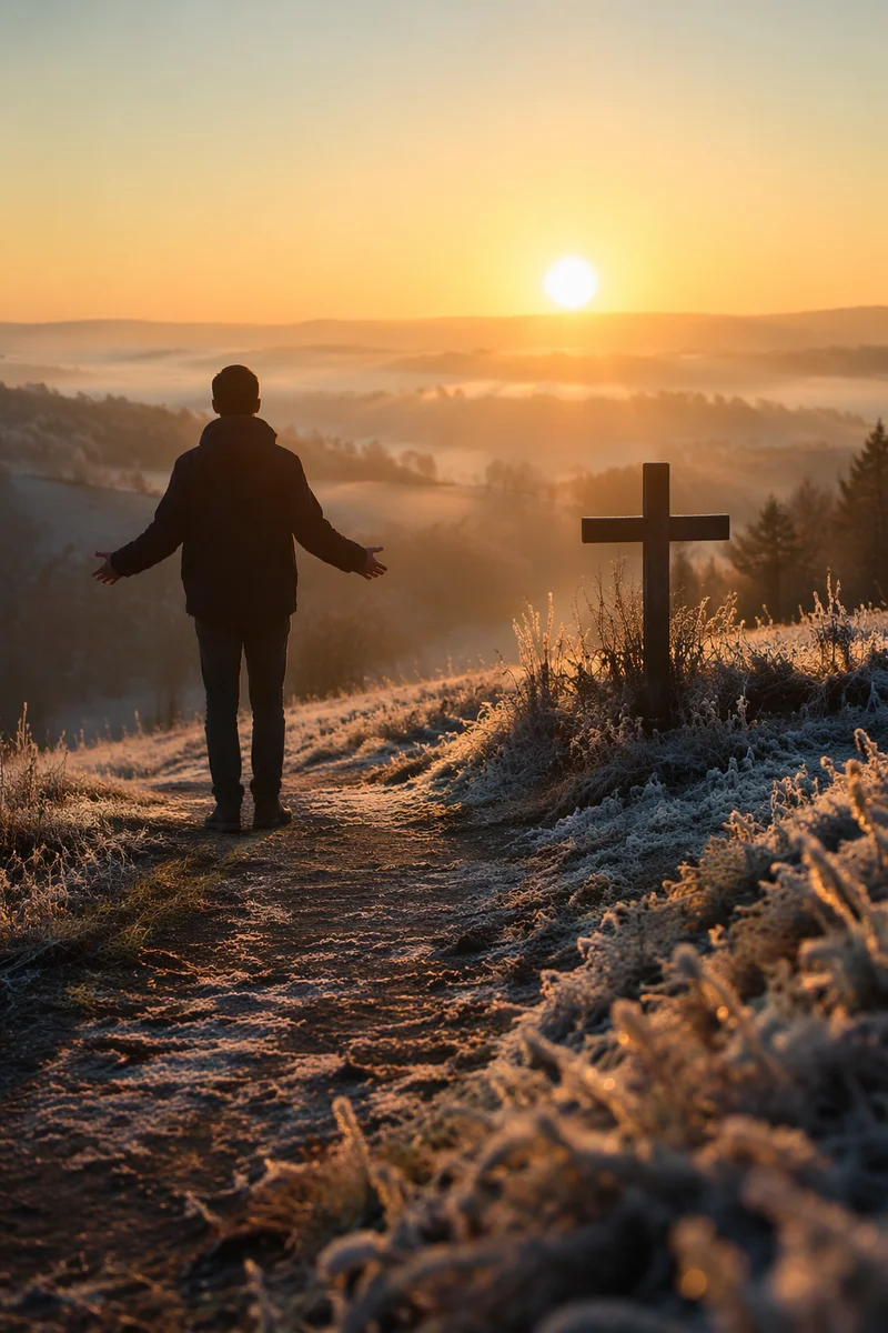 New Year Sunrise Prayer on Frosted Hill