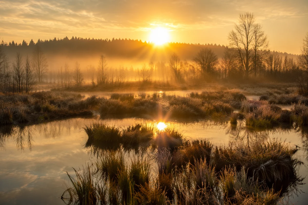 New Year Sunrise Over Misty Marshland