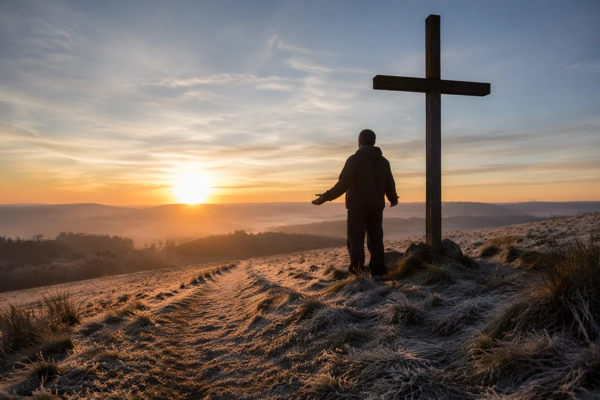 New Year Sunrise Prayer Beside Wooden Cross