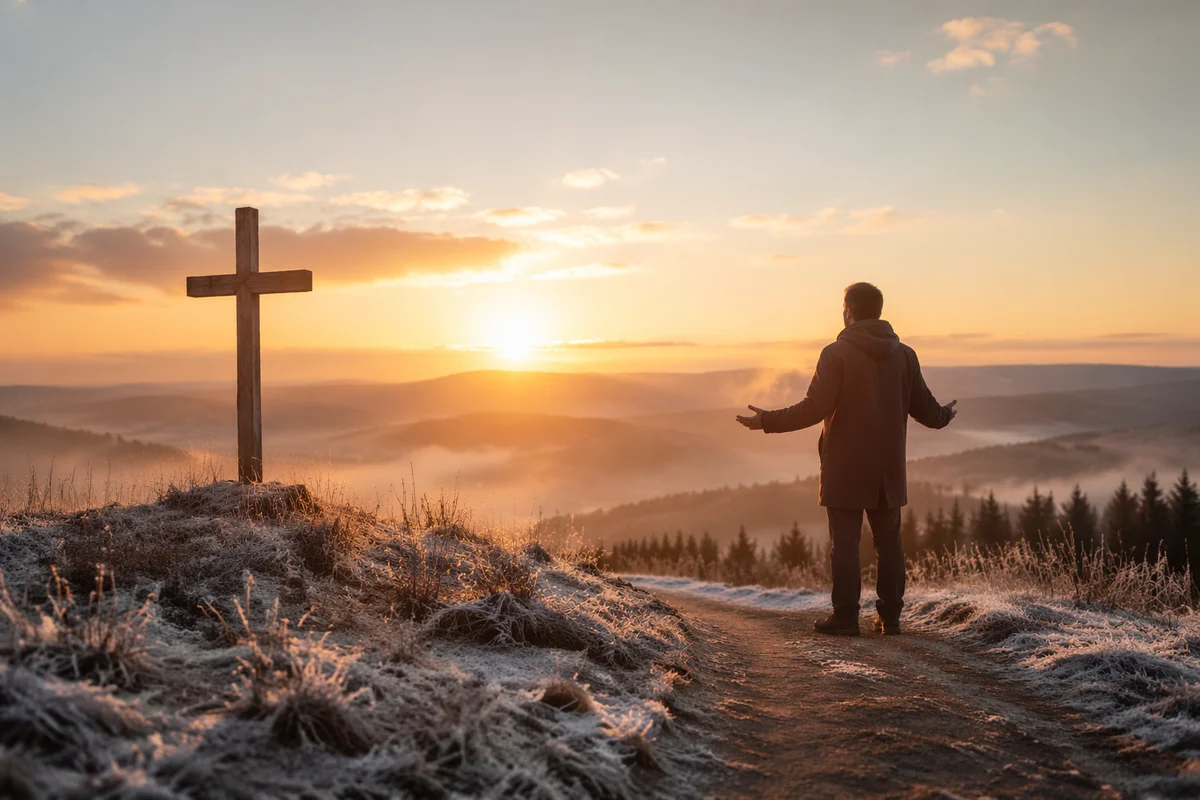 New Year Sunrise Prayer on Frosted Ridge