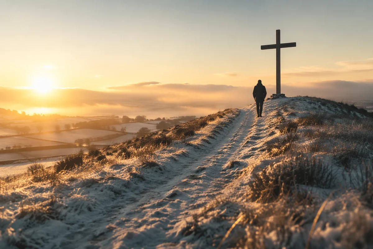 New Year Sunrise Cross on Frosty Hill