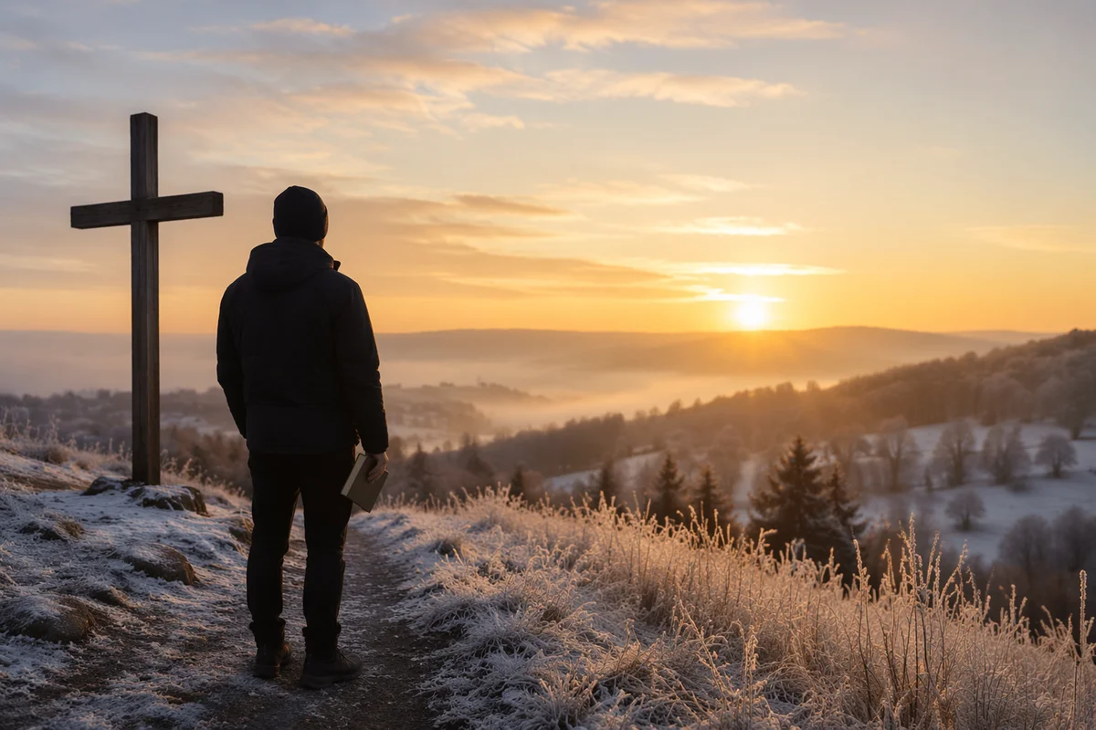 New Year Sunrise Cross on Frosty Hillside
