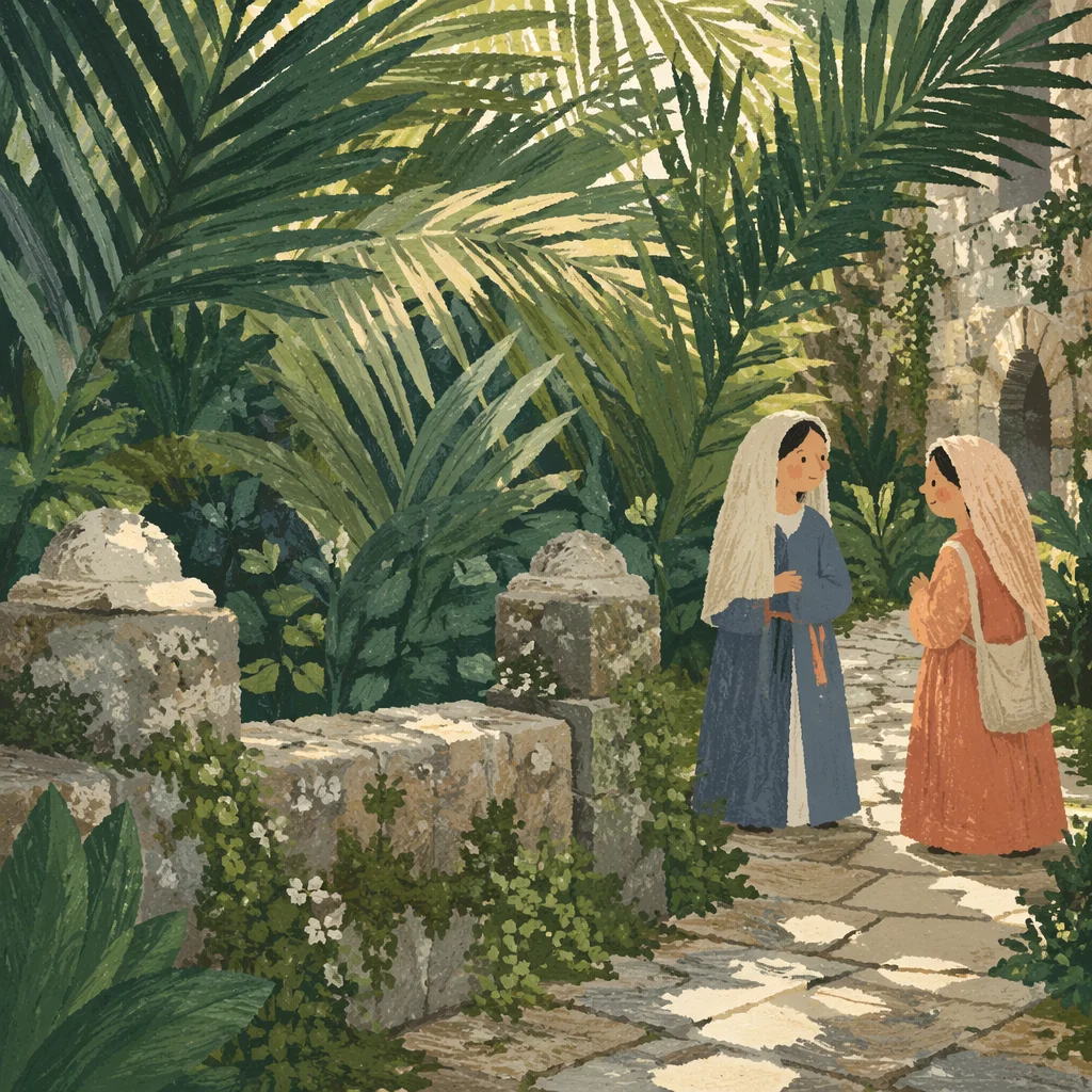 Palm Branches Over Hidden Stone Garden Path