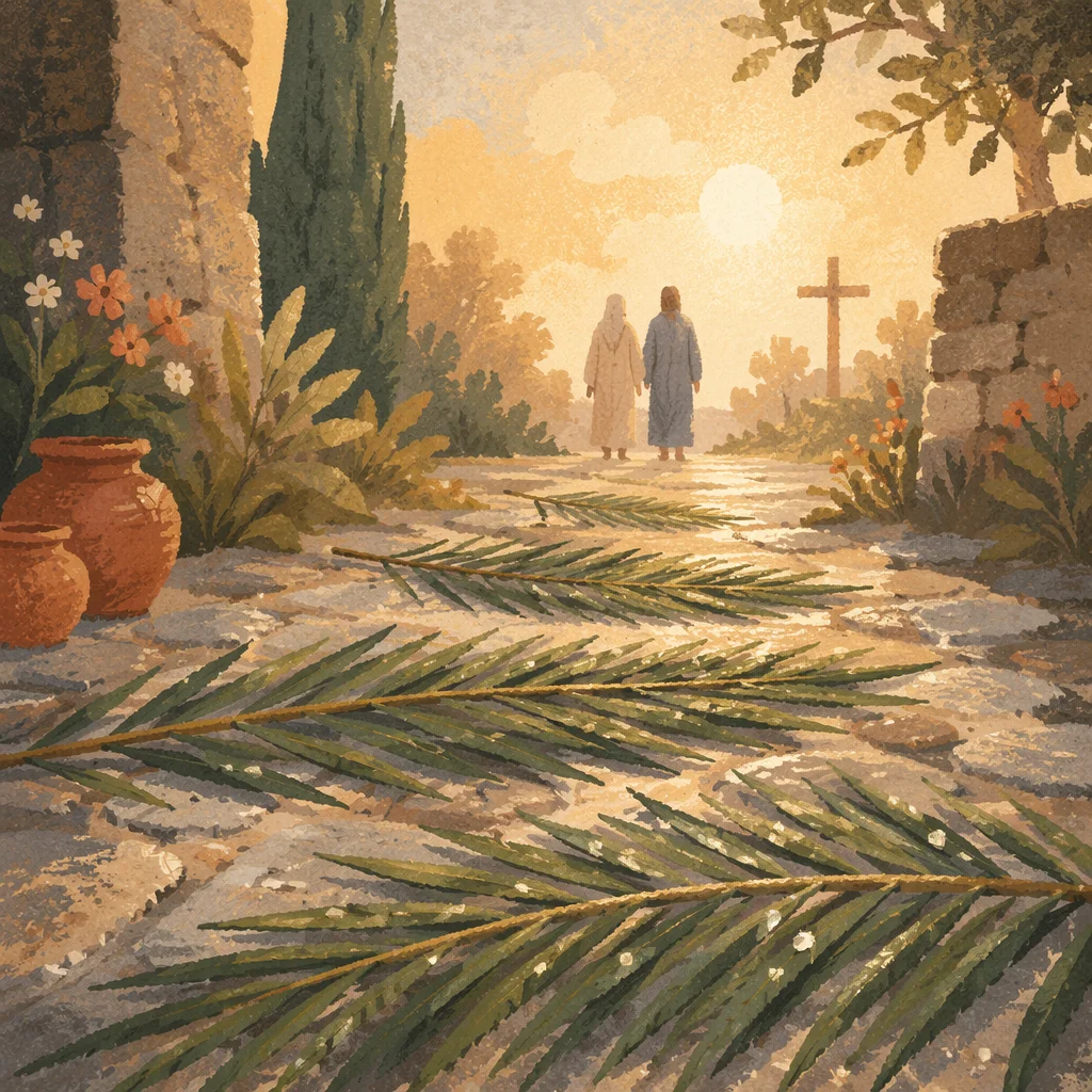 Palm Branches on Rainy Stone Chapel Path