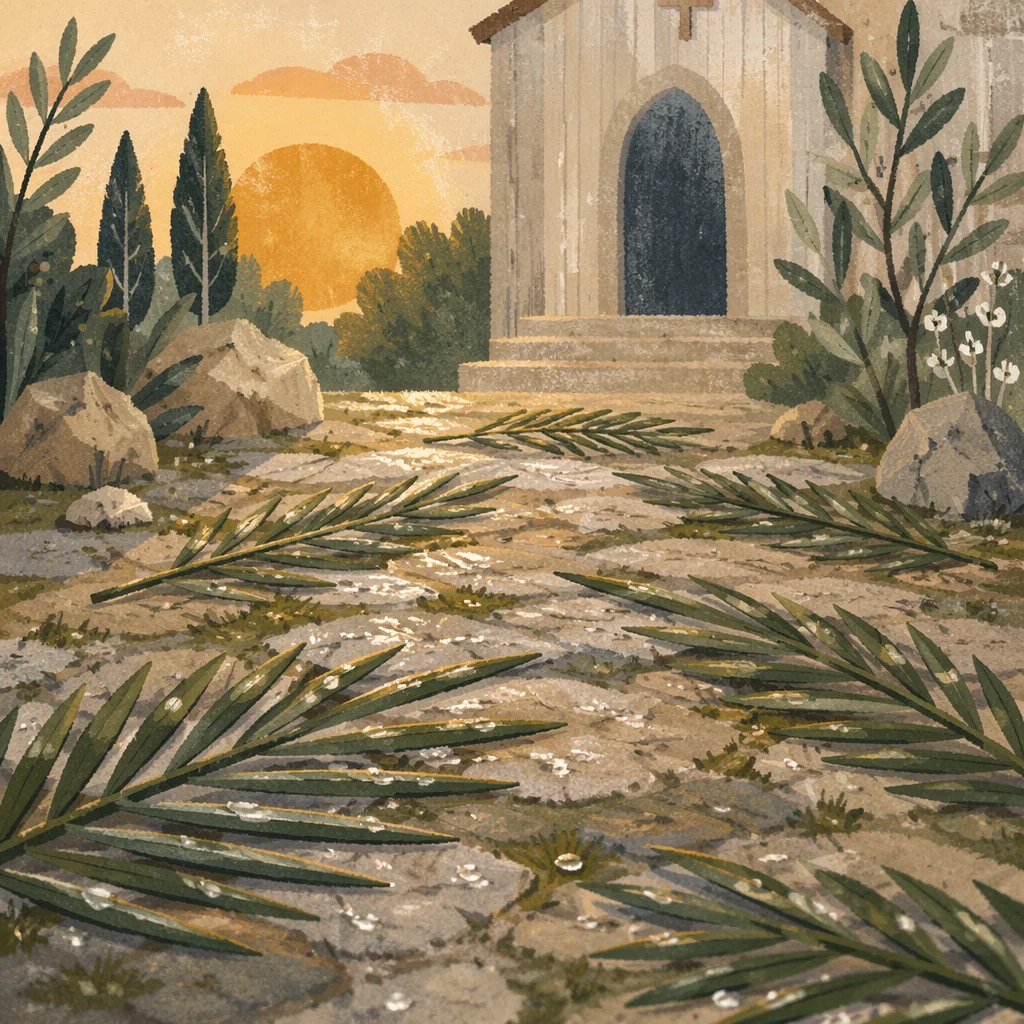 Palm Branches on Rainwashed Chapel Path