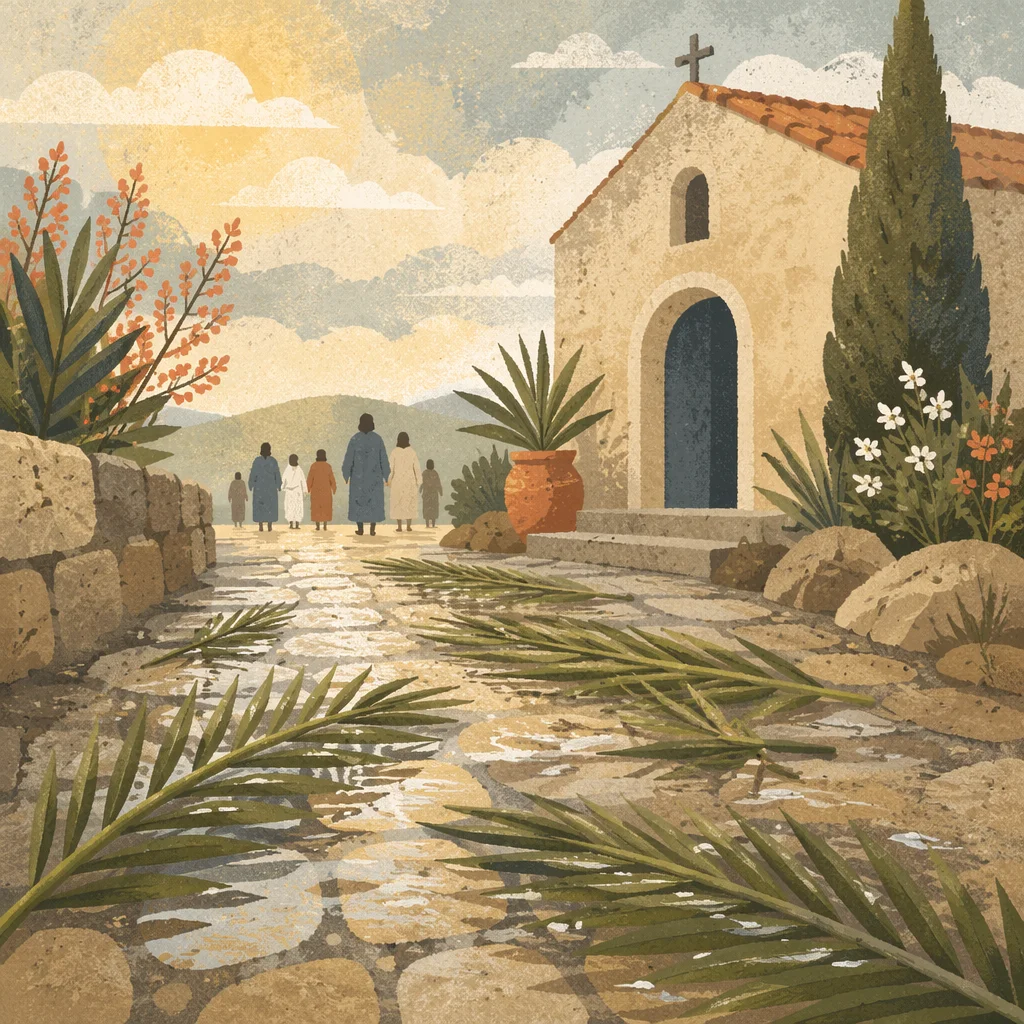 Palm Branches on Rain Washed Chapel Path