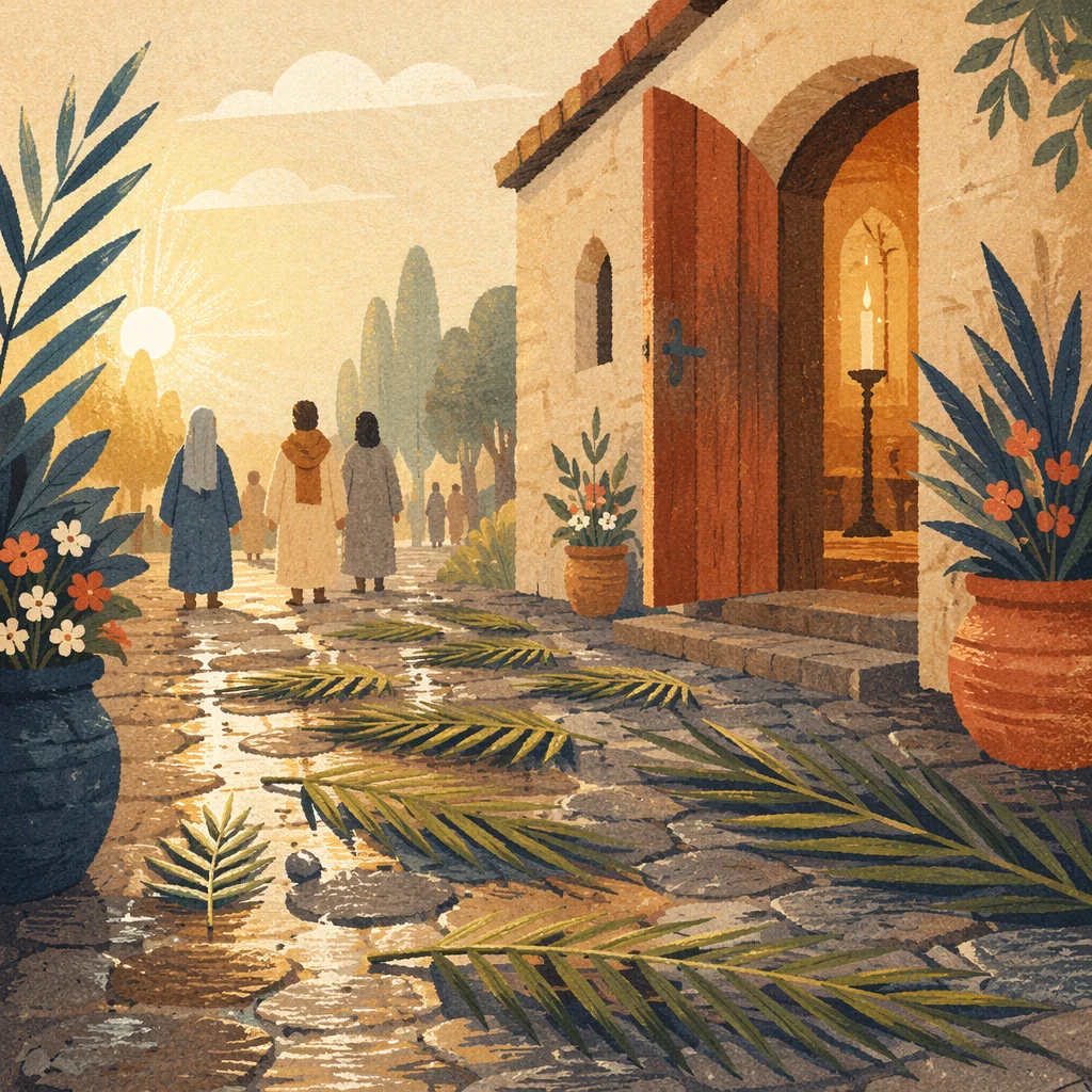Palm Branches on Rainy Chapel Path