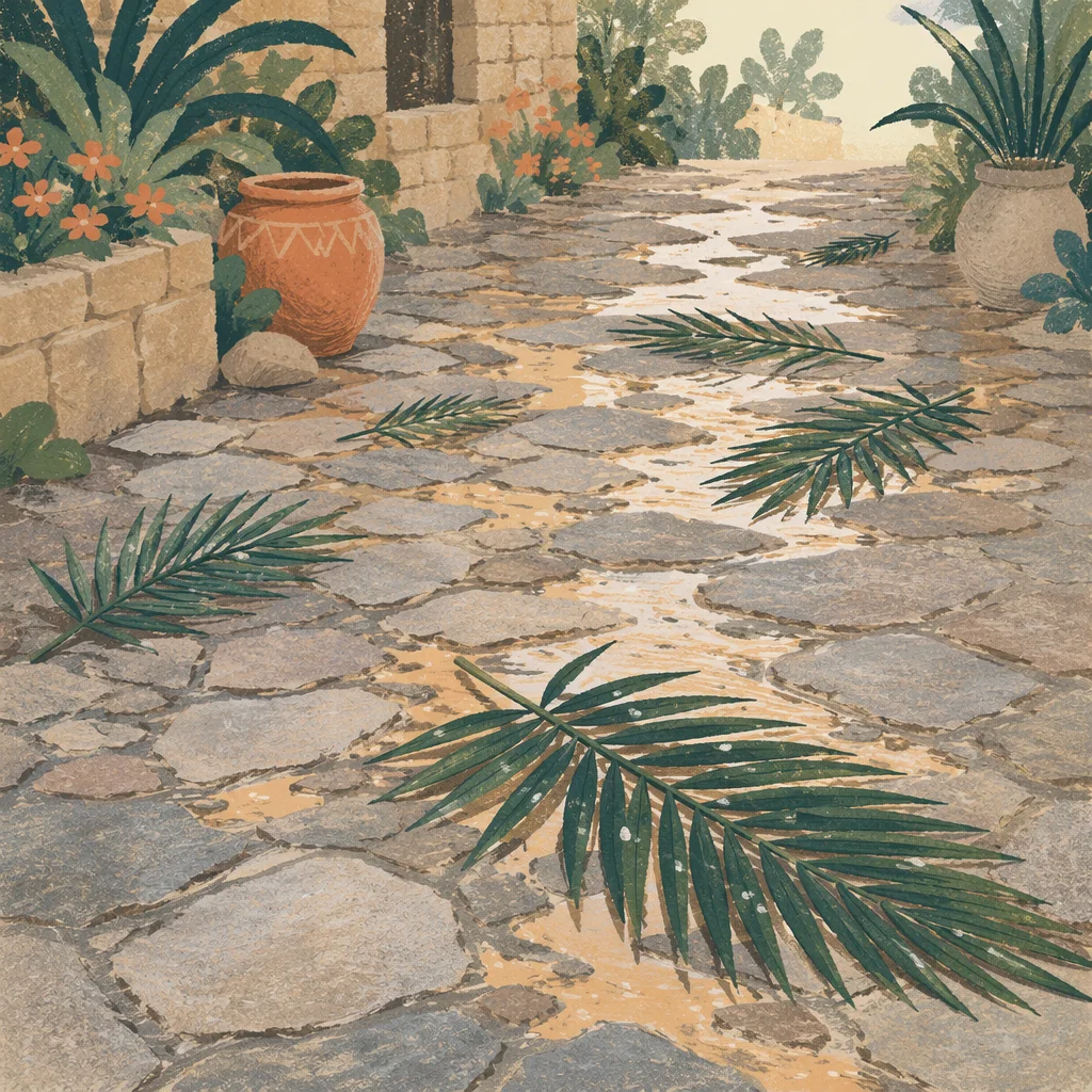 Palm Branches on Rain-Kissed Stone Path