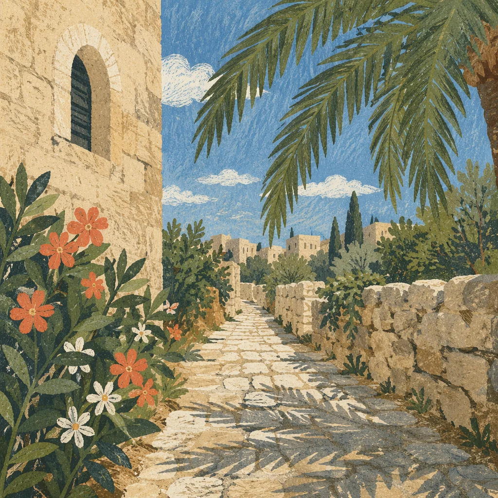 Palm Branches Over Sunlit Stone Path