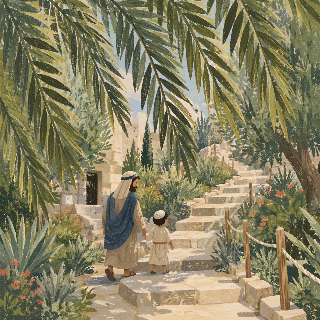 Palm Branches Framing Rustic Stone Path