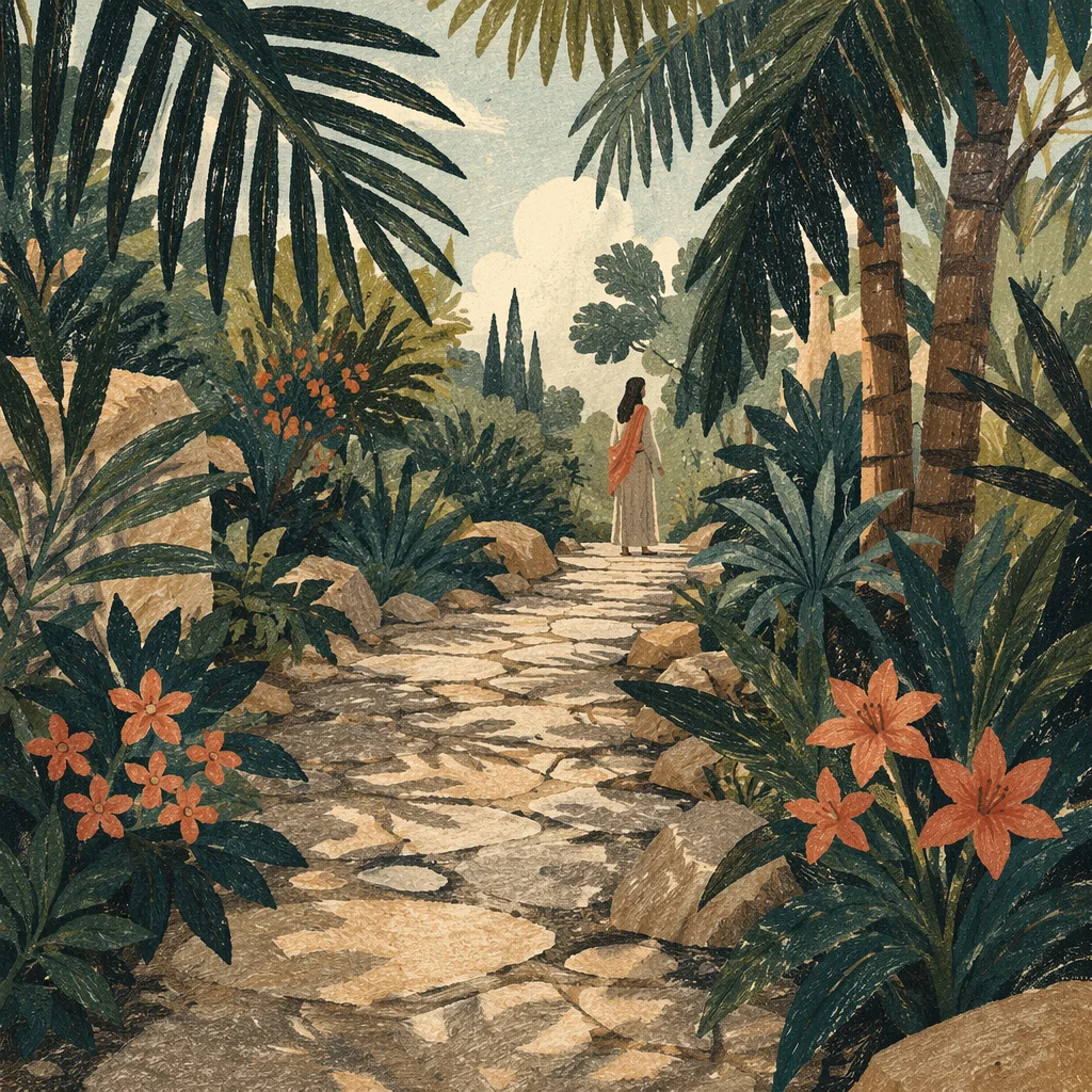 Palm Branches Along a Stone Garden Path