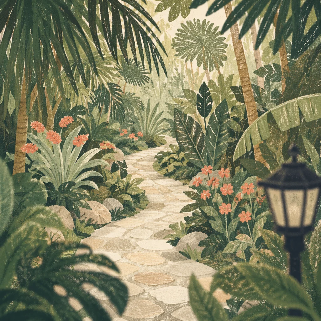 Palm Branches Along a Stone Garden Path
