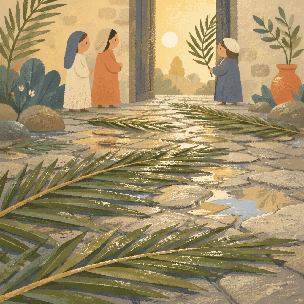 Palm Branches on Rainy Stone Path