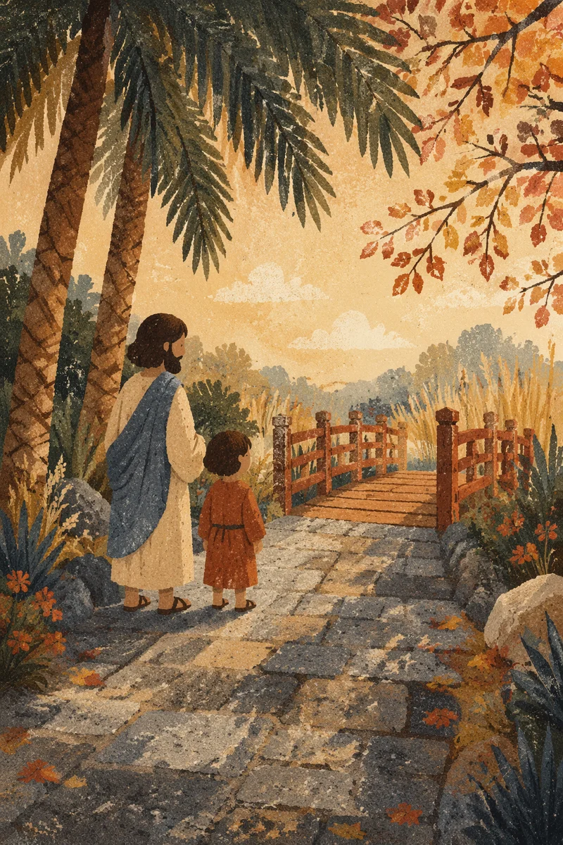Palm Branches Over Golden Stone Garden Path