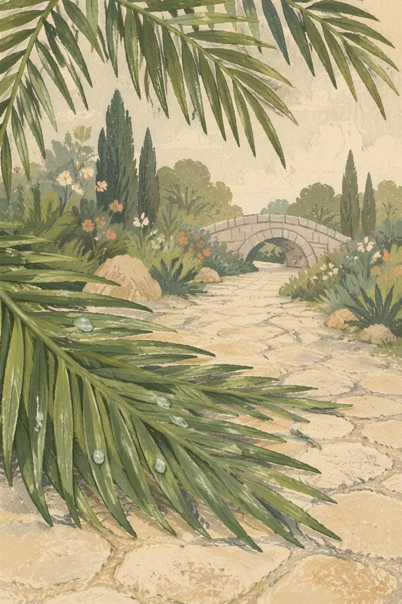 Palm Branches on Weathered Stone Path