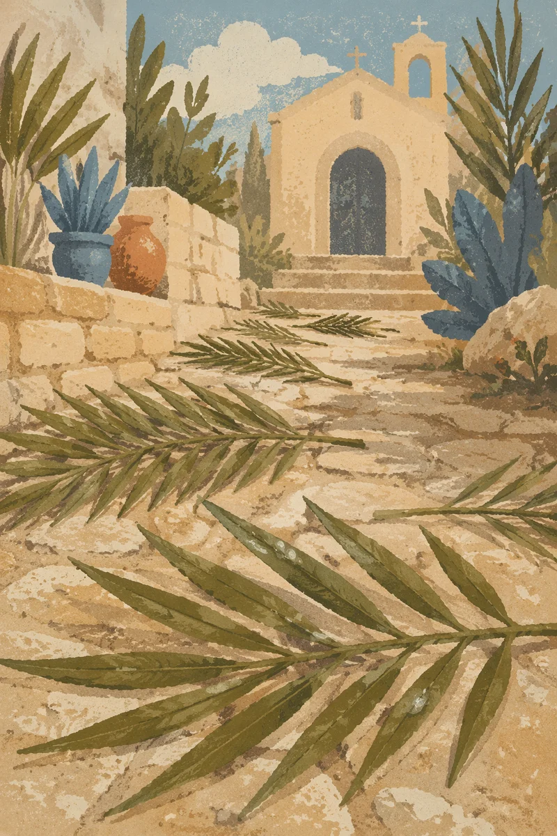 Palm Branches on Stone Path to Chapel