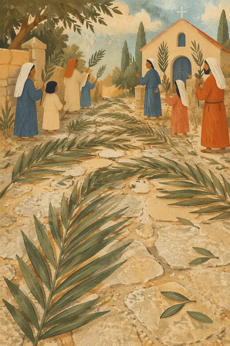 Palm Sunday Branches on Chapel Stone Path