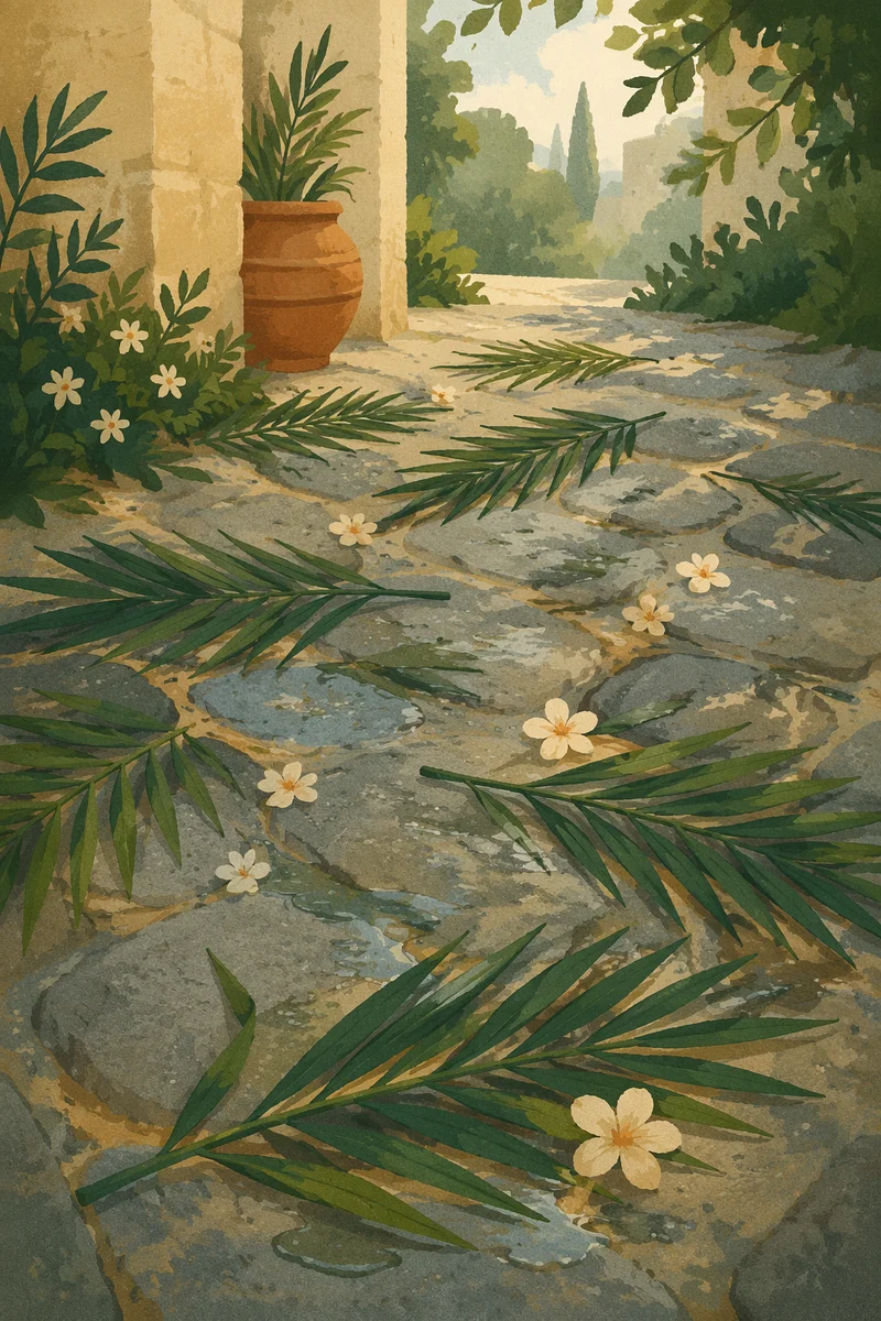 Palm Branches on Rainy Stone Path