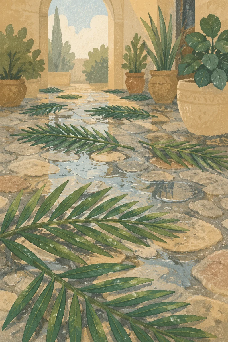 Palm Branches on Rainwashed Stone Path