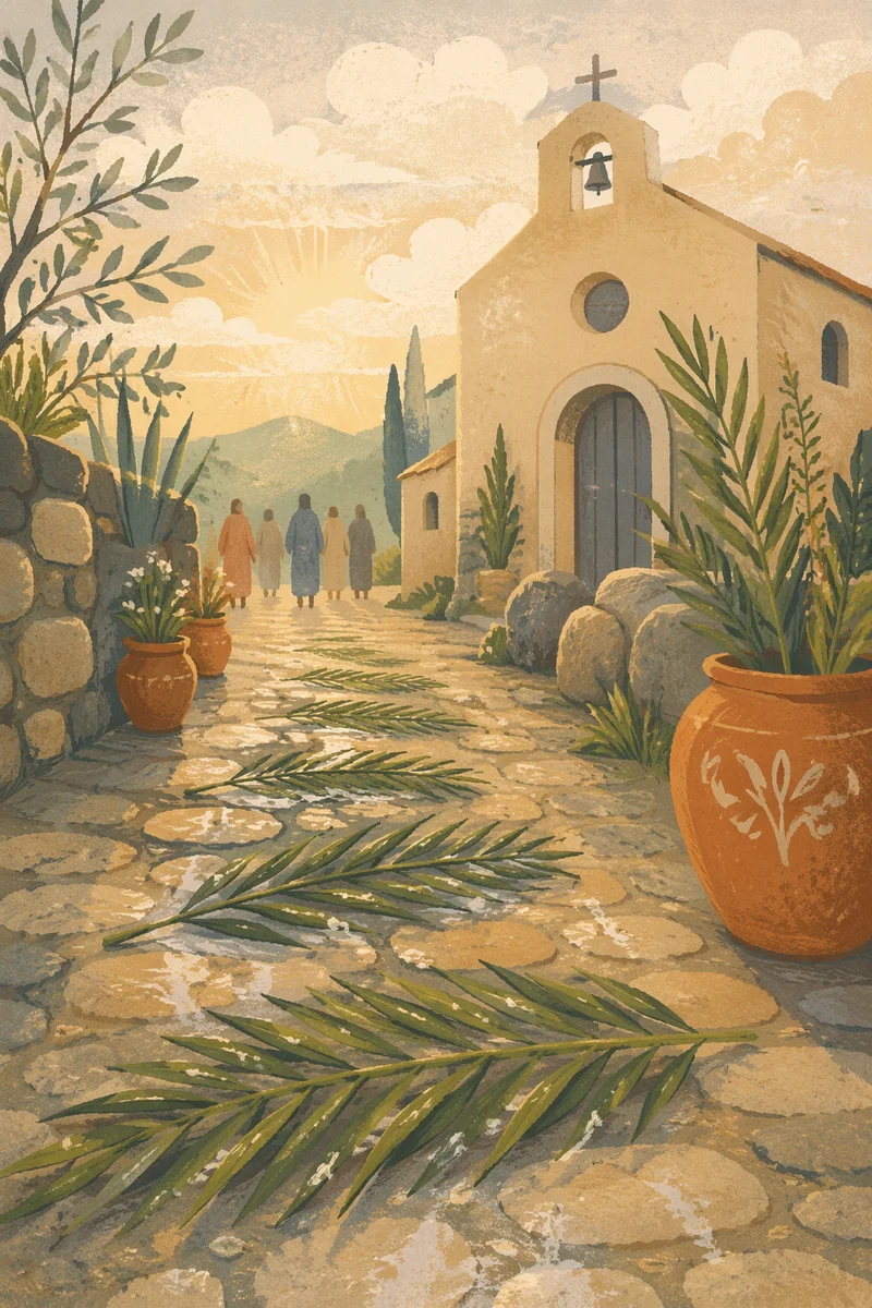 Palm Branches on Rainy Chapel Path