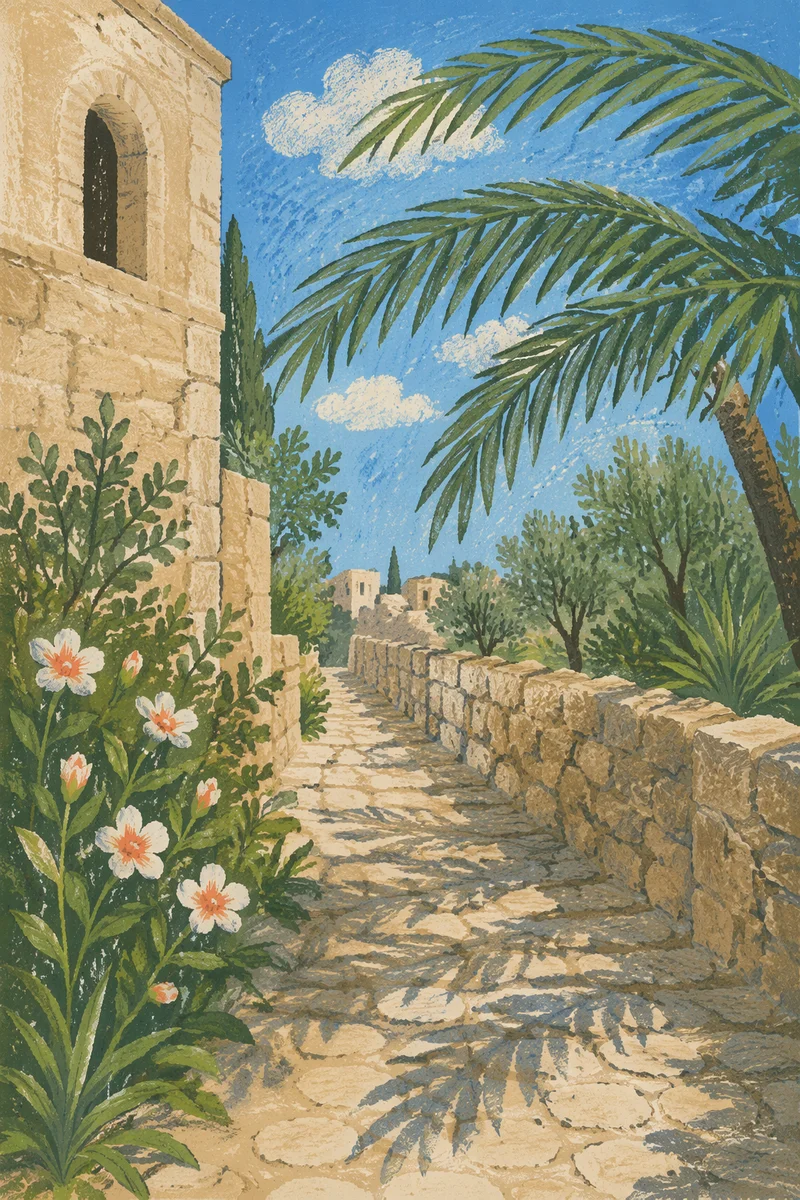 Palm Branches Over Sunlit Stone Path