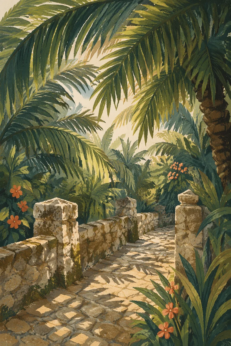 Palm Branches Over Sunlit Stone Path
