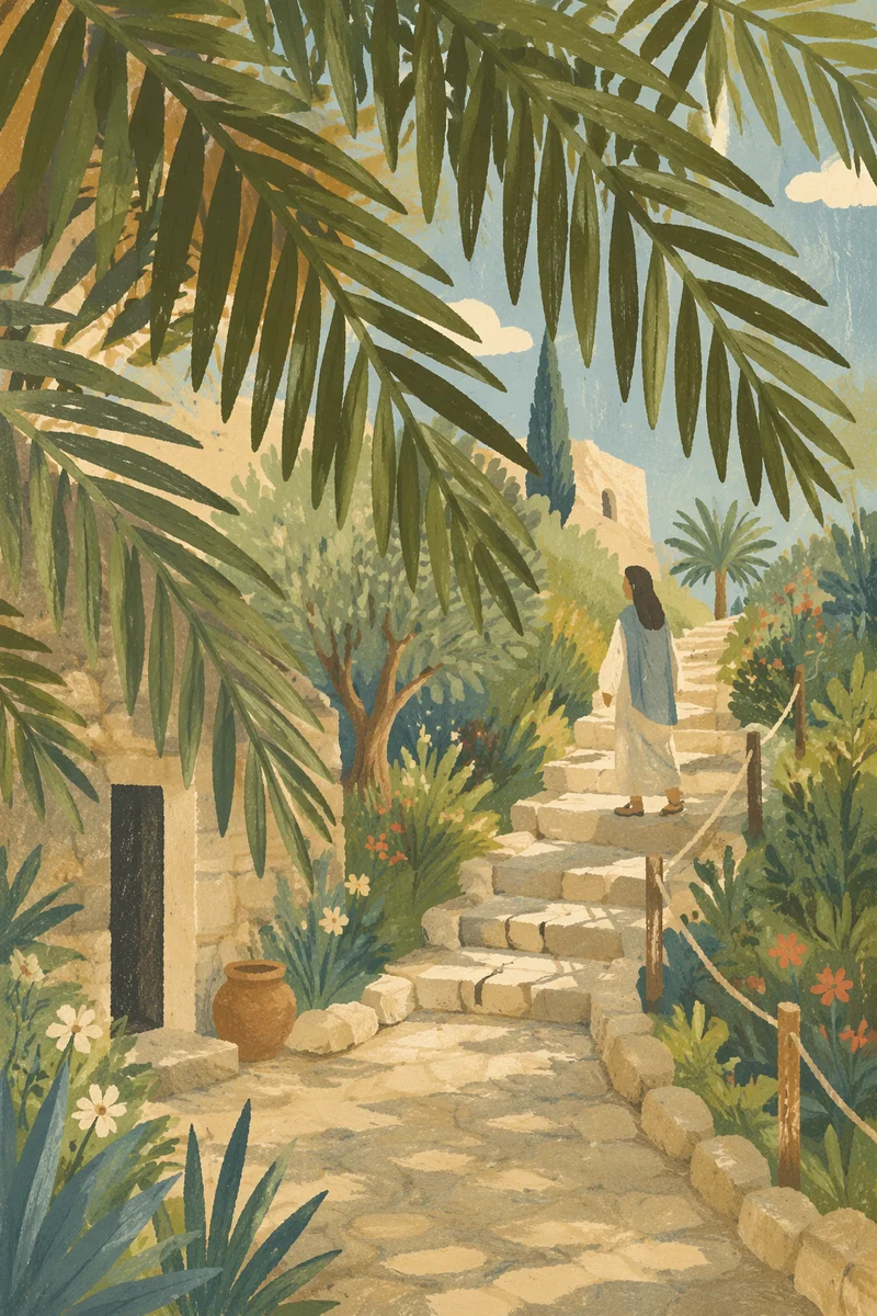 Palm Branches Framing Rustic Stone Path