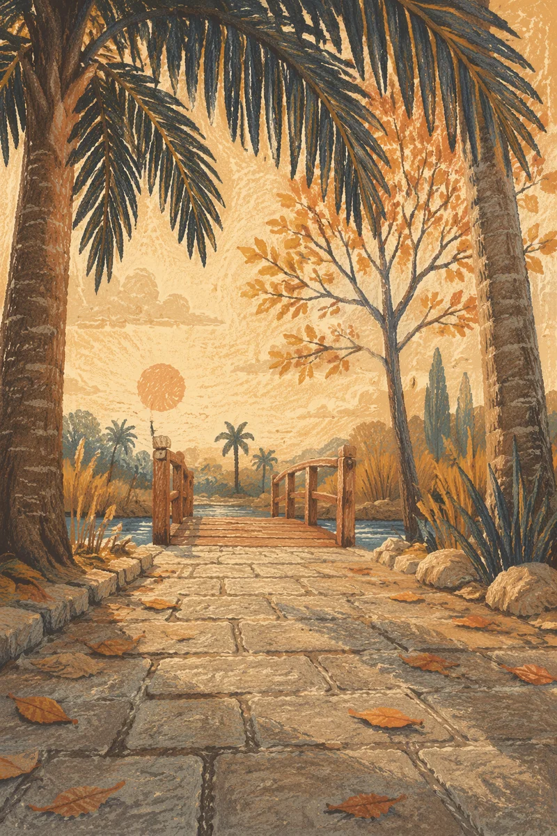 Palm Branches Over Stone Path at Sunset
