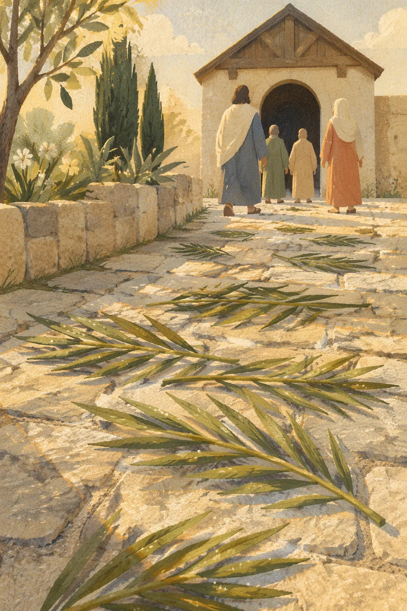 Palm Branches on Stone Path to Chapel