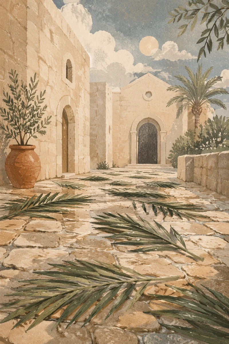 Palm Branches on Rainy Chapel Path