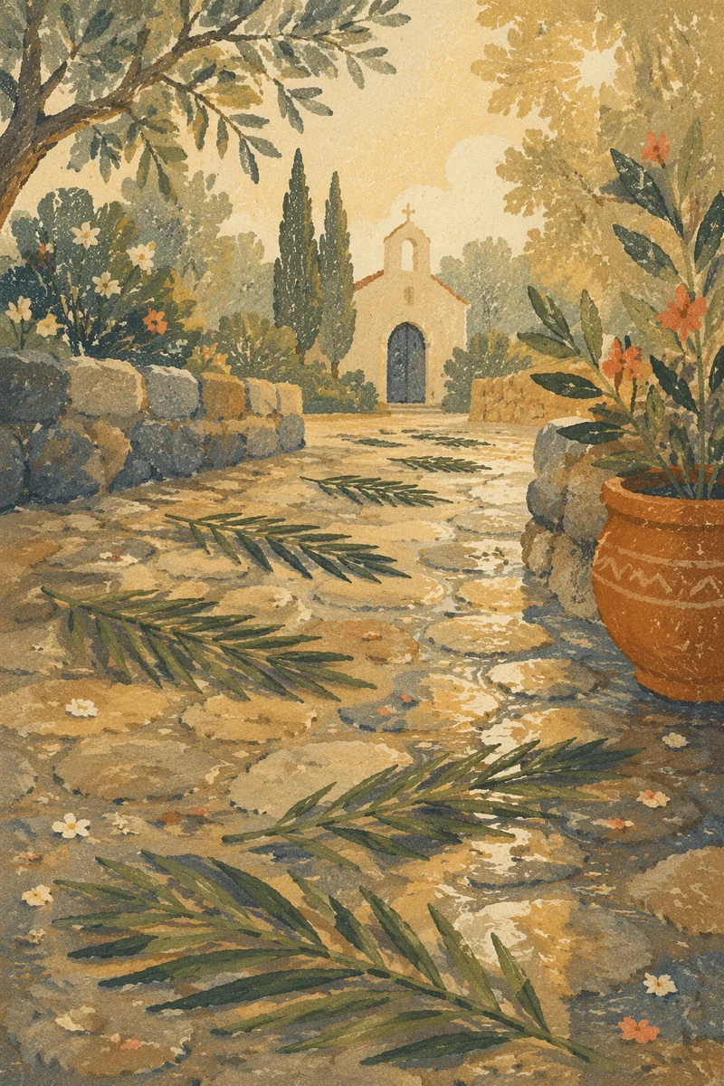 Palm Branches on Rain-Damp Chapel Path