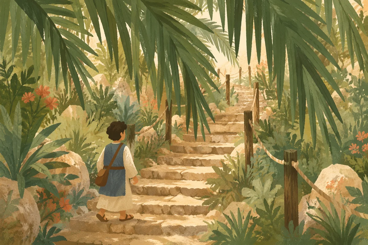 Palm Branches Over Rustic Stone Garden Path
