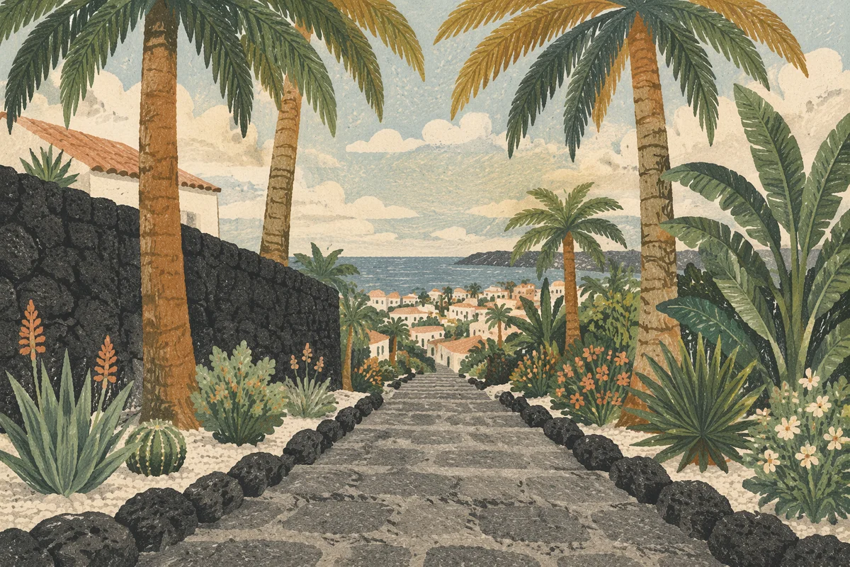 Palm Branches Over Peaceful Stone Path