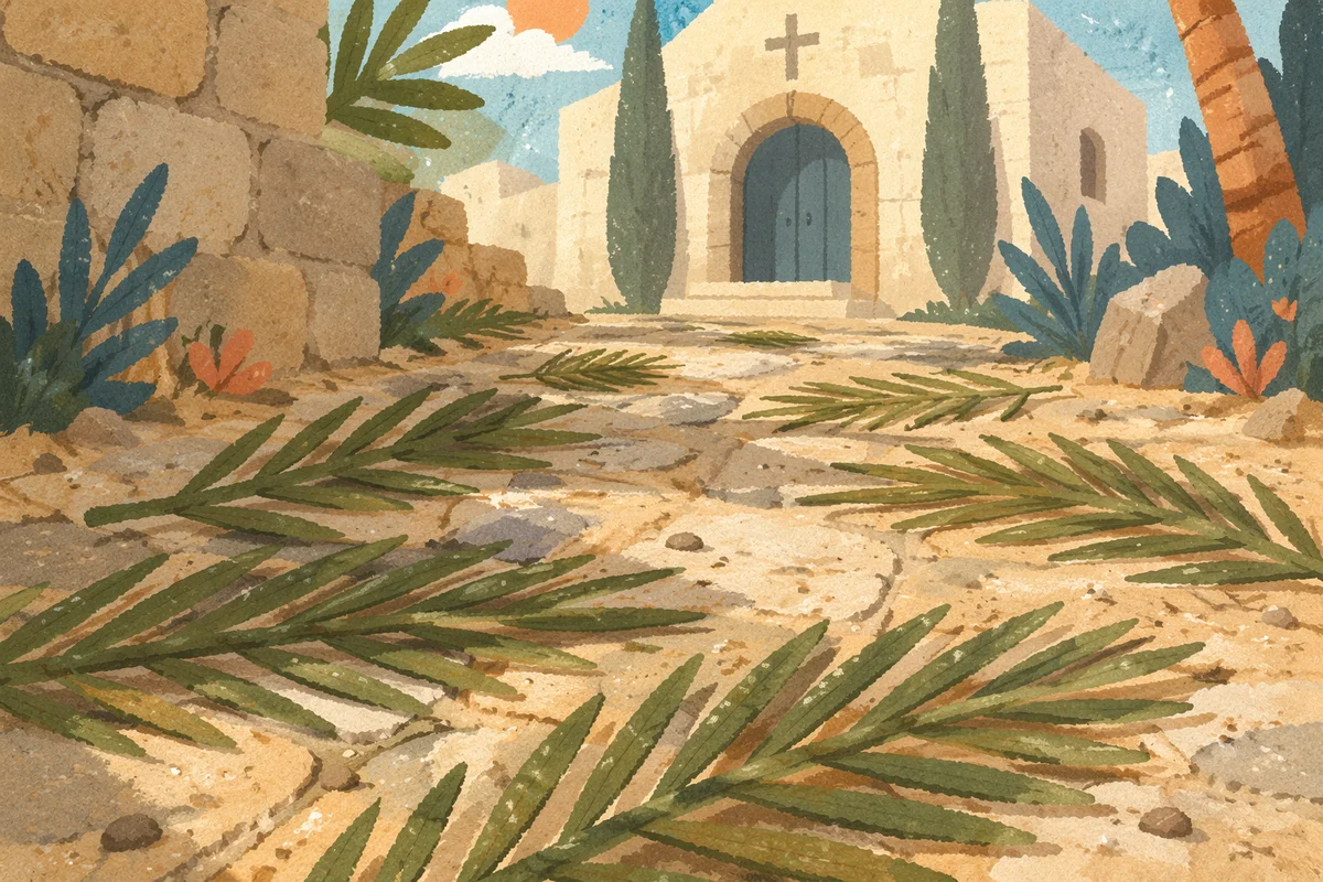 Palm Branches on Stone Path to Chapel