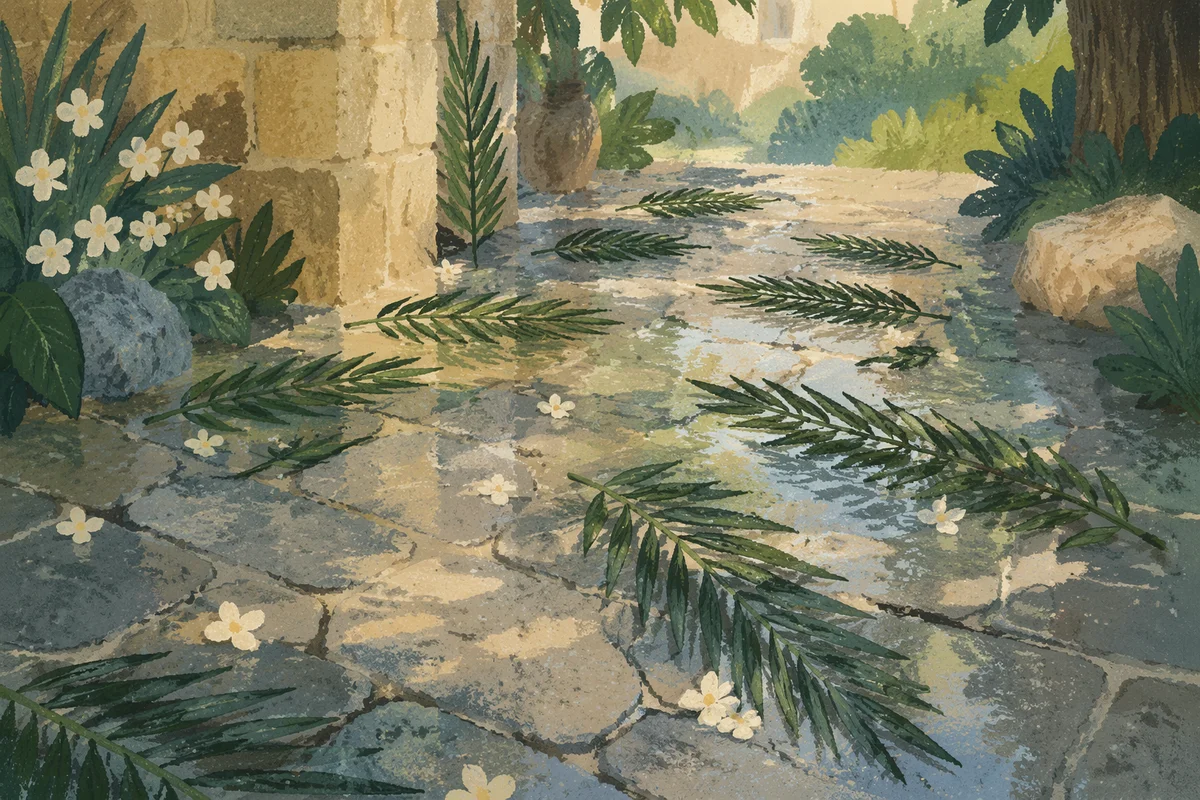 Palm Branches on Rain-Washed Stone Path
