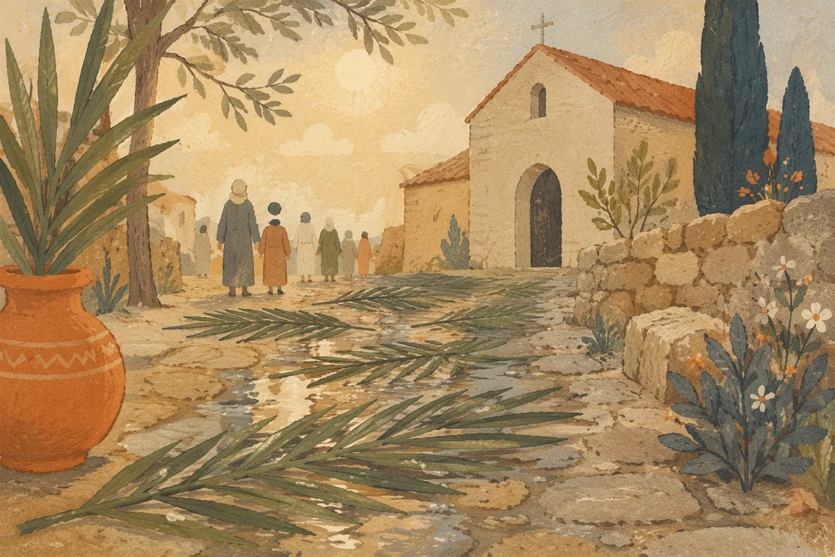 Palm Branches on Rain-Kissed Chapel Path