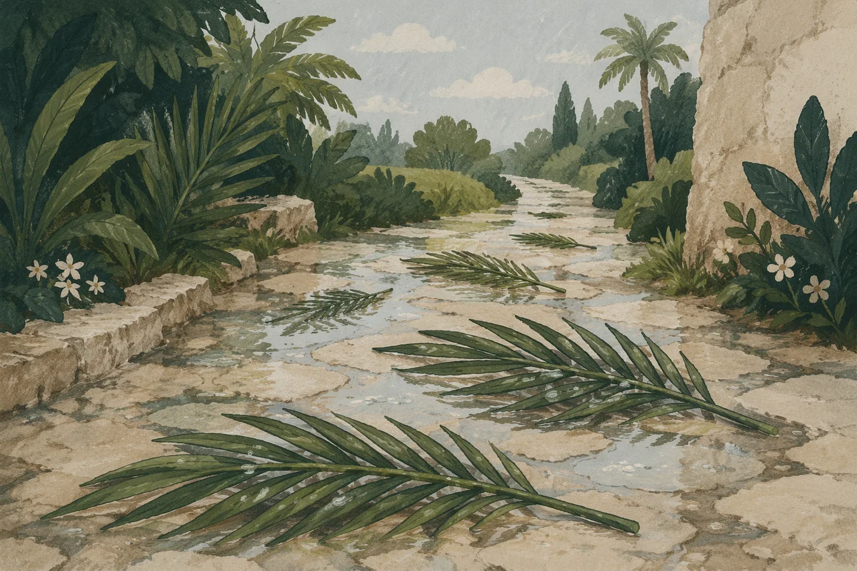 Palm Branches on Rainy Stone Path