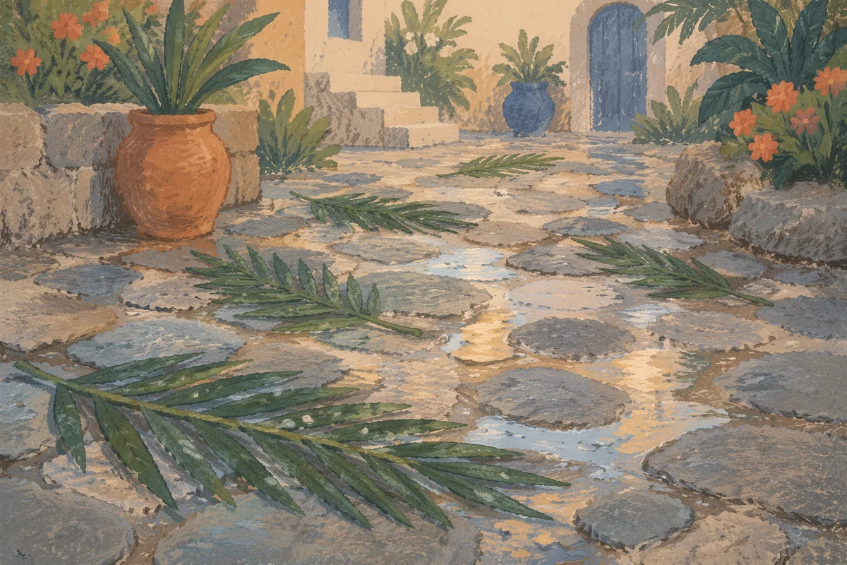 Palm Branches on Rain-Kissed Stone Path